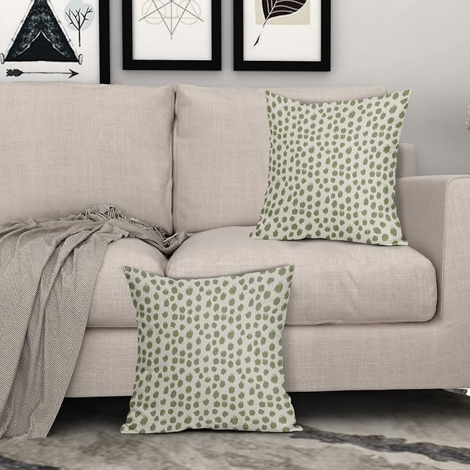 Sage Green Cream Pillow Covers 18x18 Set of 2 Boho Design Polka Dot Throw Pillows Modern Brush Strokes Print Decorative Outdoor Pillowcase Square Cushion Cover Linen Pillow Case for Sofa Couch Bed