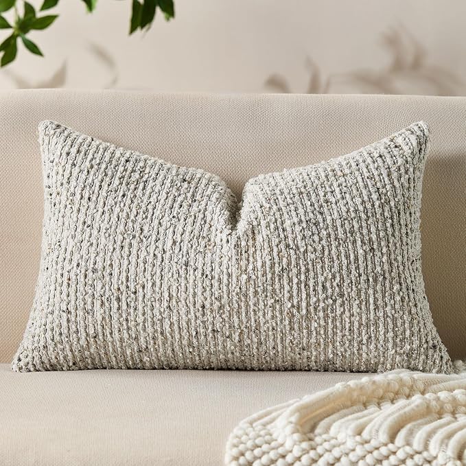 Allorry Soft Wool Decorative Throw Pillow Covers 12x20 Cream Gray SY011B12 | Cozy Soft Touch,Neutral Textured Boho Cushion Covers for Modern Farmhouse Sofa Bedroom Living Room Decor