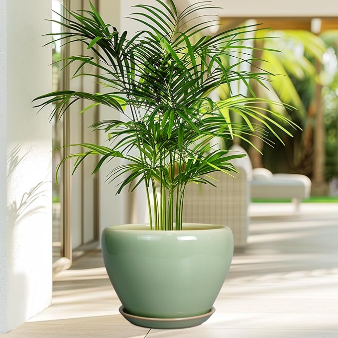 Ceramicfor Ceramic Planter Pot - 10 Inch Plant Pot for Indoor Plants Decorative Planter with Drainage Hole and Saucer Large Pot for Plants Outdoor Round Flower Pot for Garden Green