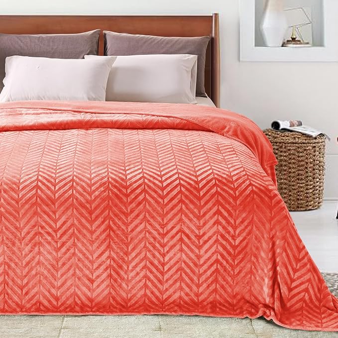 Whale Flotilla Flannel Fleece Fall Bed Blanket Twin Size, Coral | Lightweight Breathable Soft Bedspread, Plush Fluffy Coverlet Chevron Design Decorative Blanket for Home Life, 60x80 Inch