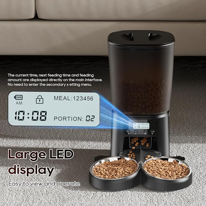 Petrice Automatic Cat Feeder for 2 Cats, 6L/25 Cups Cat Food Dispenser Programmable 30 Portions 6 Meals per Day, Timed Pet Feeder for Kitty Small Dogs with 10S Voice Record, Easy Setup, Black