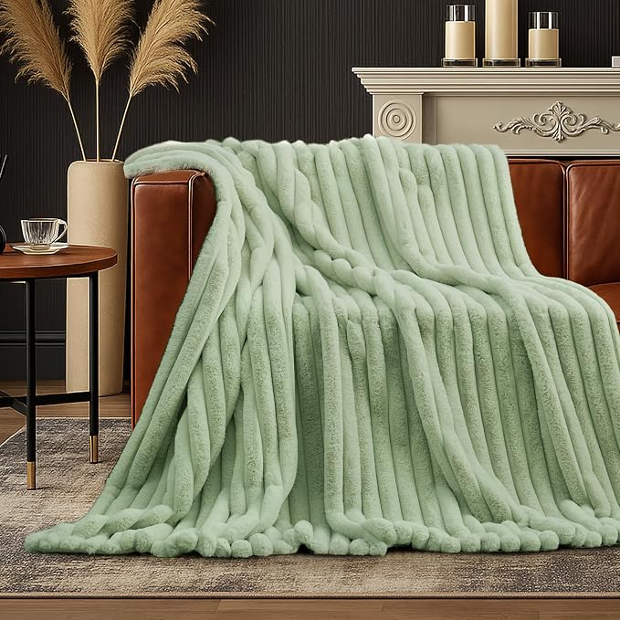 Faux Fur Throw Blanket for Couch, Cozy Fuzzy Fluffy Fur Luxurious Soft Striped Plush Gift Blankets for Family Sofa Chair Bedroom, 55"x70", Sage Green