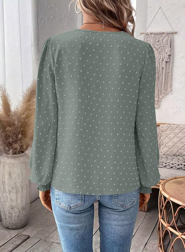 Womens Tops Swiss Dot Boho Long Sleeve Shirts V Neck Casual Chiffon Blouses Flowy Lace Hem Cute Clothing Trendy 2026