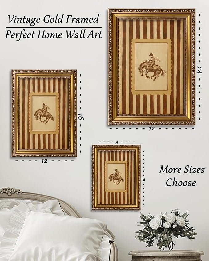Vintage Gold Framed Wall Art Rodeo Cowboy Horse Canvas Print 12x16in | Western Wall Art, Postage Design, Mid Century Southwest, With Stripes, For Living Room Bedroom Bathroom