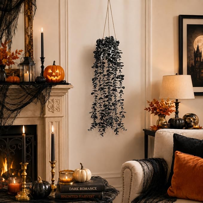 Der Rose Fake Eucalyptus Hanging Plants for Halloween Party Decorations | Black faux plants indoor for gothic bathroom decor, shelves and mantels, bringing moody depth to Halloween decorations indoor