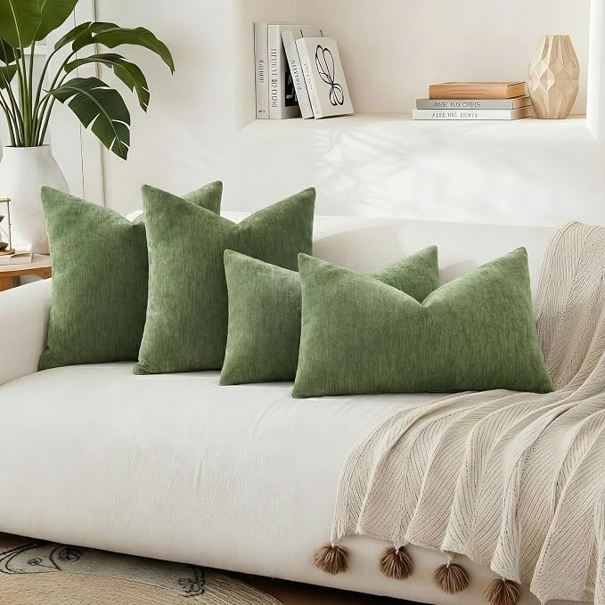 decorUhome Soft Chenille Olive Green Throw Pillow Covers 24X24 Set of 2 | Decorative Fall Couch Pillow Covers Solid Dyed Accent Modern Euro Sham Farmhouse Neutral Square Pillow Cases for Sofa