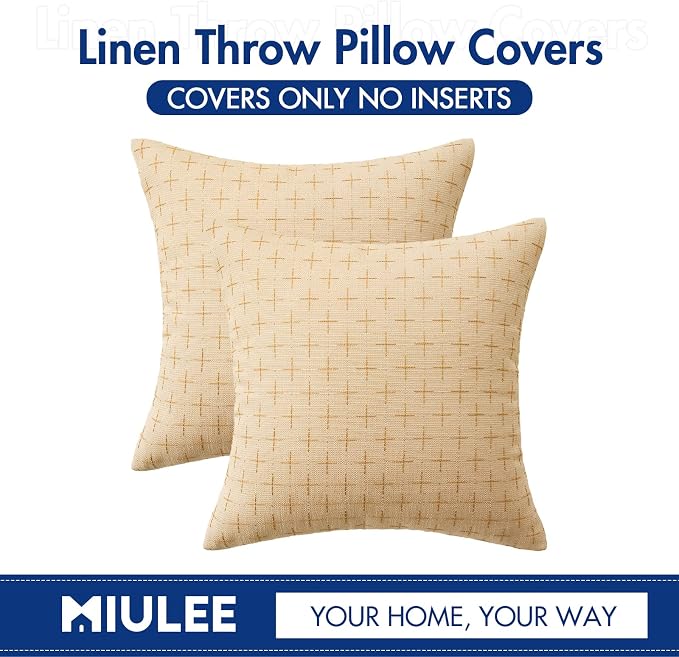 MIULEE Pack of 2 Decorative Burlap Linen Throw Pillow Covers Modern Farmhouse Pillowcase Rustic Woven Textured Cushion Cover for Sofa Couch Bed 20x20 Inch Light Yellow