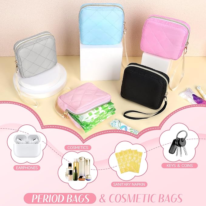 Likesing Quilted Period Bag, Period Pouches for Teen Girls Womens, Portable Sanitary Napkin Storage Bag with Wrist Strap Feminine Emergency Tampon Pad Pouch(Blue)