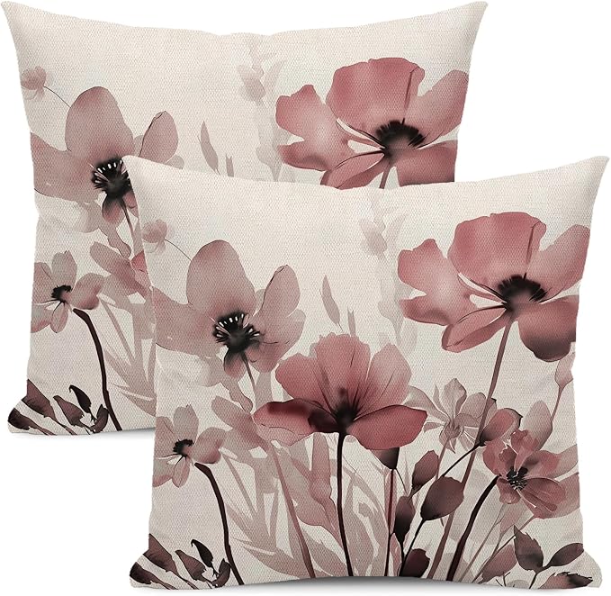 Spring Floral Pillow Covers 18x18 Inches Set of 2,Pink Floral Throw Pillow Covers Outdoor Summer Flower Decoration Pillowcase Farmhouse Decorative Square Cushion Cover for Home Couch Sofa