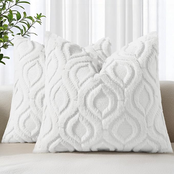 decorUhome Faux Fur Plush Soft White Throw Pillow Covers 24x24 Set of 2 | Wool Solid Fall Couch Pillow Covers, Accent Modern Farmhouse Neutral Decorative Square Pillow Cases for Sofa Bed Living Room