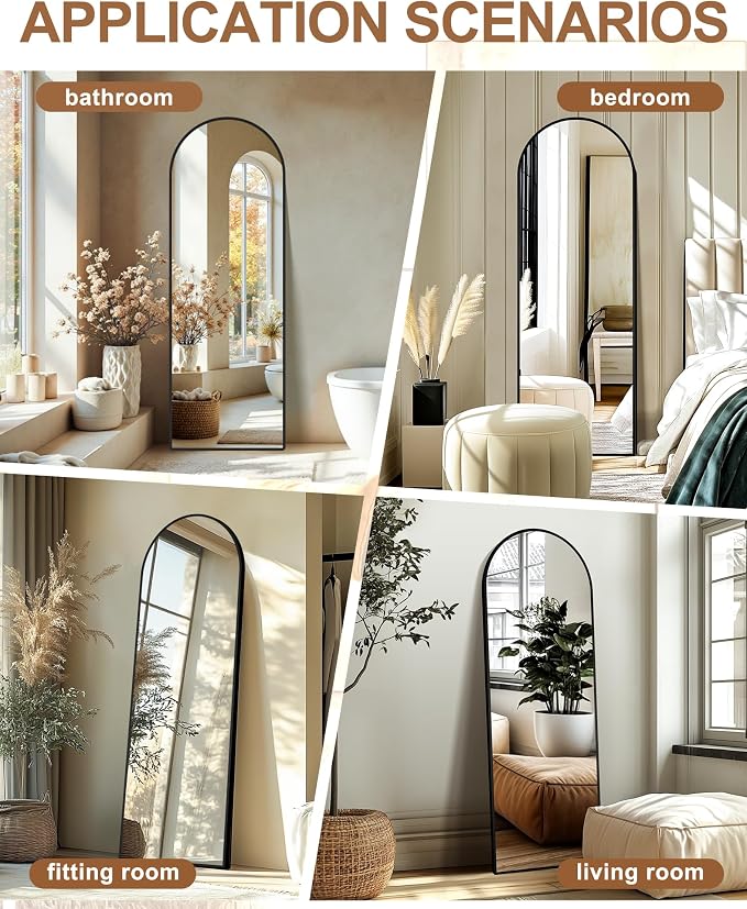 Arched Full Length Mirror with Stand, 69x24 Black Floor Mirror | Aluminium alloy frame with HD float glass for distortion-free reflection. Free standing or wall mounted.
