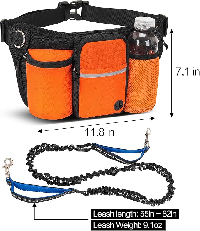 Hands Free Dog Leash Waist Pack with Bungee & Treat Pouch Oxford Water-Resistant Multi-Pocket Belt for Walking Hiking Jogging and Dog Walking (Orange)