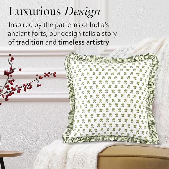 CPC Lotus Meadow Hand Block Print 100% Cotton Ruffle Throw Pillow Cover 24x24 inch with Hidden Zipper Decorative for Couch, Bed, Sofa, Farmhouse, Cottagecore Decor Gift Christmas Fall Thanksgiving