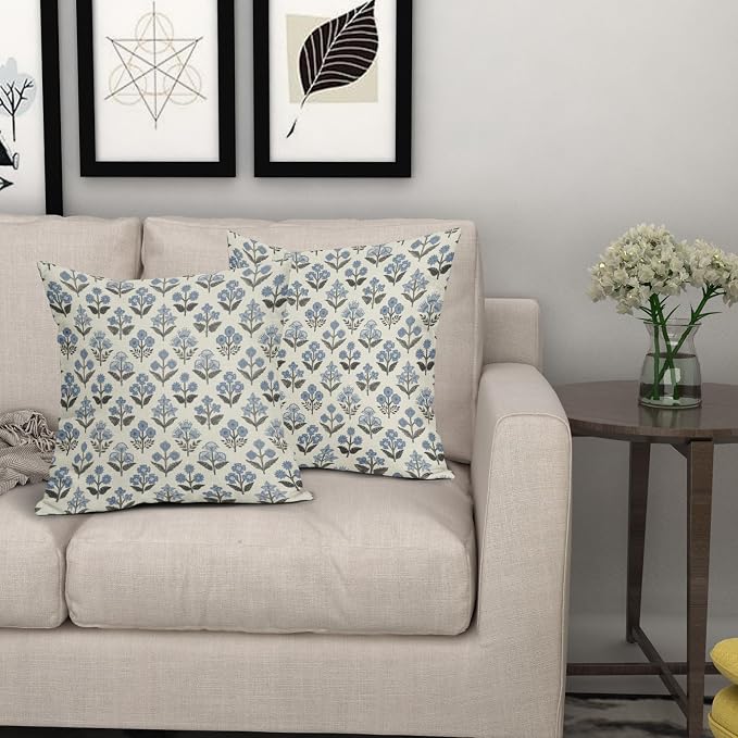 Black Blue Floral Block Print Pillow Covers 16x16 Inch Set of 2, Vintage Flower Pattern Spring Summer Decorative Throw Pillowcases Outdoor Rustic Farmhouse Cushion Covers Seasonal Sofa Couch Bed Decor