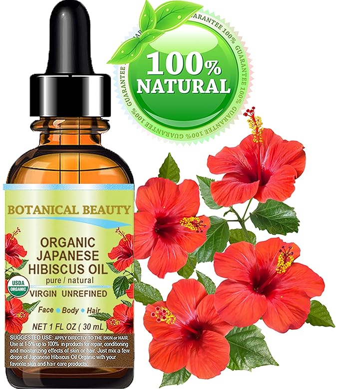 Botanical Beauty Organic HIBISCUS OIL (Hibiscus Sabdariffa) JAPANESE 100 Pure Natural VIRGIN UNREFINED COLD PRESSED Anti Aging, Vitamin E Oil for FACE, SKIN, HAIR GROWTH (1 Fl Oz)