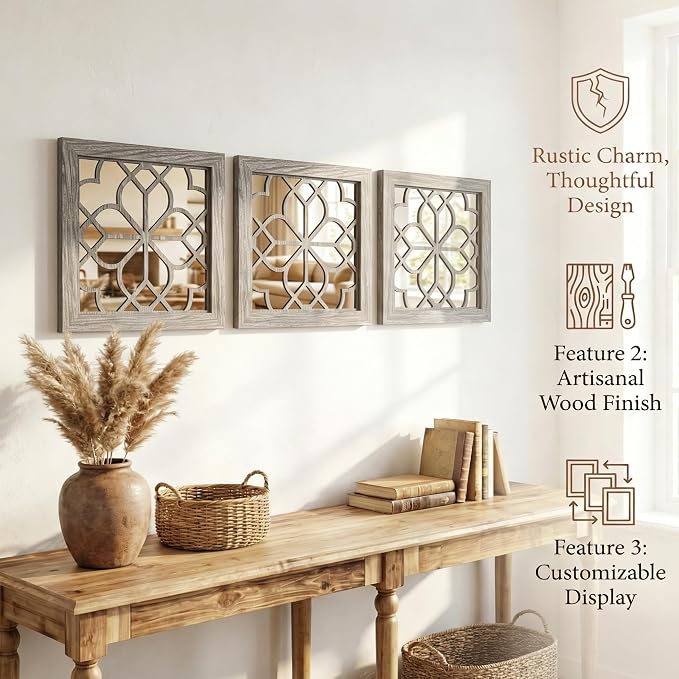 Set of 2 14 Inch Square Maroon Window Pane Wall Mirrors, Shatterproof Rustic Farmhouse Boho Vintage Accent Mirrors for Living Room Bedroom Bathroom Entryway