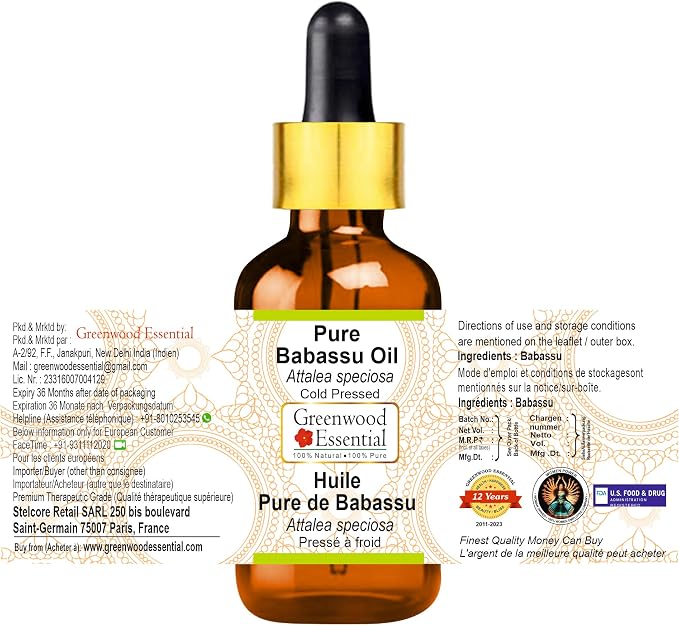 Greenwood Essential Babassu Oil (Attalea speciosa) with Glass Dropper | Cold Pressed | Natural | Undiluted | For Diluting Essential Oils | For Skin & Massage | Men & Women | 50ml (1.69 oz)