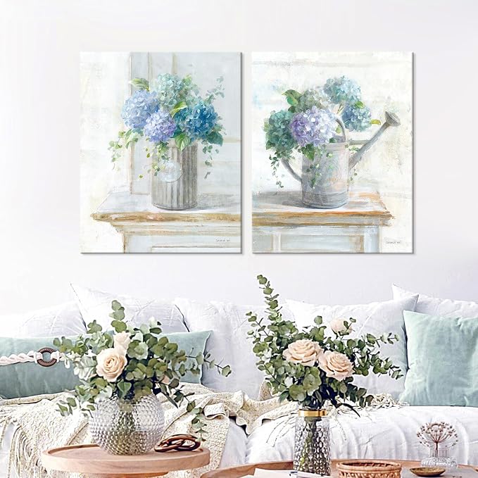 Blue Hydrangea Bathroom Wall Art 2 pcs Farmhouse Rustic Flower Art Botanical Floral Posters Paintings Framed Artwork for Dining Room kitchen Bedroom Living Room 12"x16"