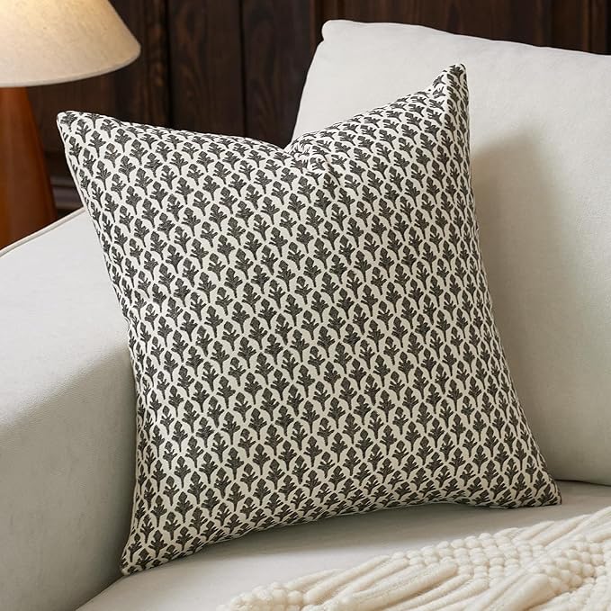 FIOUOVO Floral Pillow Covers 24x24 Pillow Cover Block Print Couch Pillows for Living Room Decorative Neutral Accent Throw Pillow Covers, 1PC, Charcoal Black