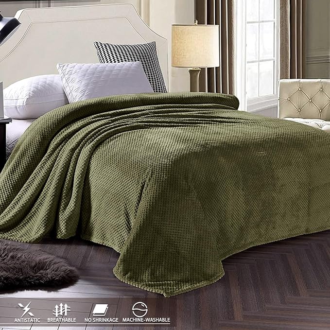 Exclusivo Mezcla Soft Waffle Fleece Bed Blanket Twin Size, Olive | Lightweight Plush Blanket for Bed, Couch, Sofa, Cozy Fluffy Design for Bedroom, Guest Room, All Season, 60x80 Inches