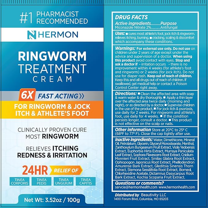 Hermon Powerful Antifungal Ringworm Cream - Effective Treatment for Stubborn Ringworm, Jock Itch, Eczema, Tinea Versicolor, Athlete's Foot - for Adults and Kids - 100ml