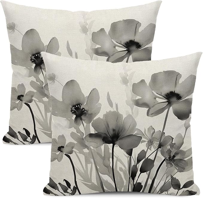 Spring Floral Pillow Covers 18x18 Inches Set of 2,Gray Floral Throw Pillow Covers Outdoor Summer Flower Decoration Pillowcase Farmhouse Decorative Square Linen Cushion Cover For Home Couch Sofa
