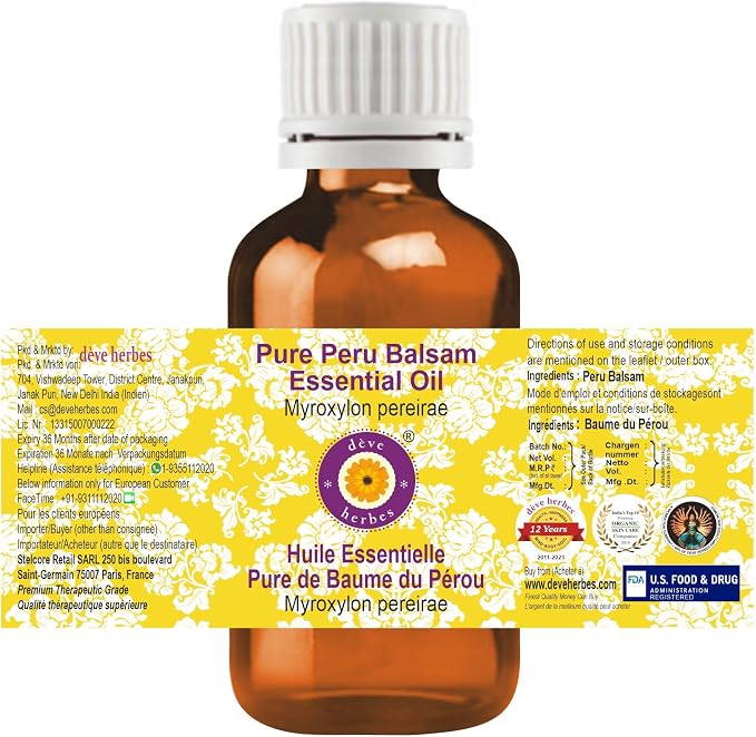 dève herbes Peru Balsam Essential Oil (Myroxylon pereirae) Pure | Viscous Texture | Rich Aroma | Unisex | All Skin Types | for External Use Only | Natural Extract | Steam Distilled 15ml (0.5 oz)