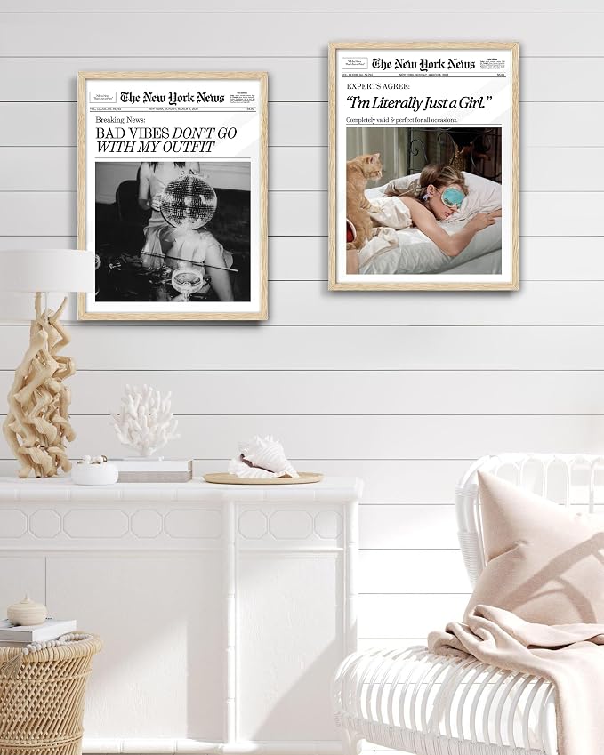 EcoHest 12x16 in Audrey Hepburn I'm Literally Just a Girl Framed Wall Art | Natural Oak Wood Frame with Canvas Wall Art, Vintage Newspaper Wall Decor for Bedroom, Bathroom, Apartment, Dorm Room, 1Pack