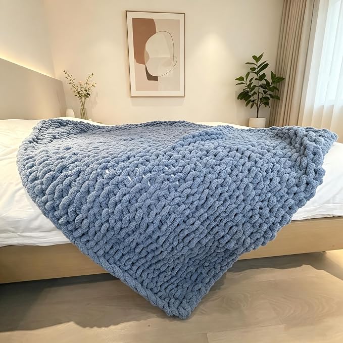 Soft Chunky Knit Throw Blanket for Couch, Cozy Warm Knitted Blankets | Hand Knit with Jumbo Chenille, Lightweight Warm Fluffy Decor for Women, Mom, Her & Girls, Sofa, Chair, Bed,48"×71"(Airy Blue)