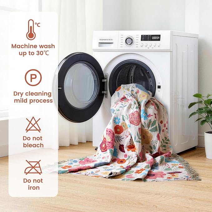 MSGKV Boho Throw Blanket 60"x80" Summer Cotton Floral Twin Size Blanket | Muslin Throw, Twin Size Blanket, Floral Pattern, Reversible Woven, Lightweight Comfort, Farmhouse Decor, Machine Washable