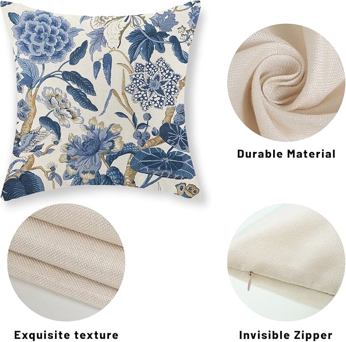 Blue Pillow Covers 20x20 Inch Set of 2 Vintage Blue Floral Throw Pillows Chinoiserie Flower Decorative Pillow Cases Outdoor Linen Farmhouse Cushion Cover for Couch Home Sofa Bed Decorations