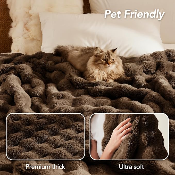 L'AGRATY Faux Rabbit Fur Throw Blanket for Couch, 50'' x 60'', Cocoa Brown | Soft Cozy Bubble Fluffy Blanket for Sofa Bed, Thick Warm Plush Fuzzy Throw for Room Home Decor, Luxury Gift for Women Mom