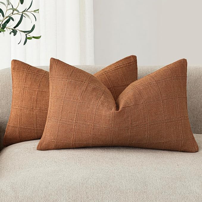 Foindtower Set of 2 Decorative Linen Check Throw Pillow Covers Neutral Farmhouse Lumbar Cushion Covers Modern Boho Home Decor for Sofa Chair Couch Bedroom Living Room,12×24 Inch,Orange
