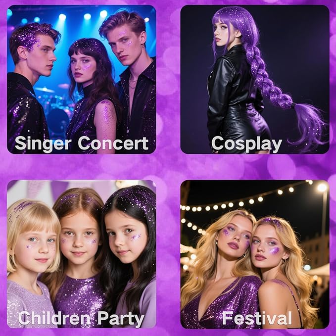 Purple Hair Glitter Stick,Purple Body Face Glitter Singer Concert Outfits for Women,Rave Accessories Carnival Chunky Sequins,Waterproof Shimmer Body Paint for Kids