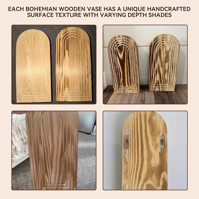 2 Pack Wooden Wall Vase Set, Boho Hanging Planter for Indoor Plants & Flowers, Wood Wall-Mounted Planters for Living Room, Modern Farmhouse Entryway or Bathroom, Rustic Art for Home (Brown)