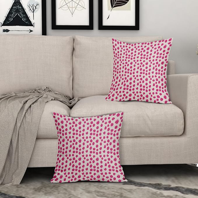 Hot Pink Cream Polka Dot Pillow Covers 22x22 Set of 2 Outdoor Modern Art Throw Pillows Boho Design Brush Strokes Decorative Pillowcase Square Cushion Cover Linen Pillow Case for Home Sofa Couch Bed