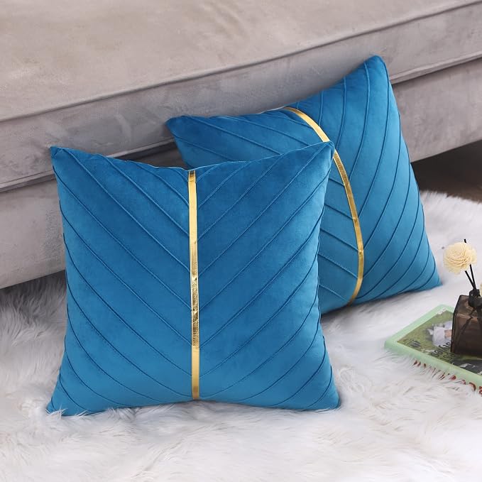 Velvet Throw Pillow Covers 24x24 Pack of 2 Gold Decor Lake Blue | Soft Solid Pillow Covers,Modern Luxury Home Decor,for Couch Chair Sofa Bedroom Livingroom,Hidden Zipper,Ideal Gift,Easy Care