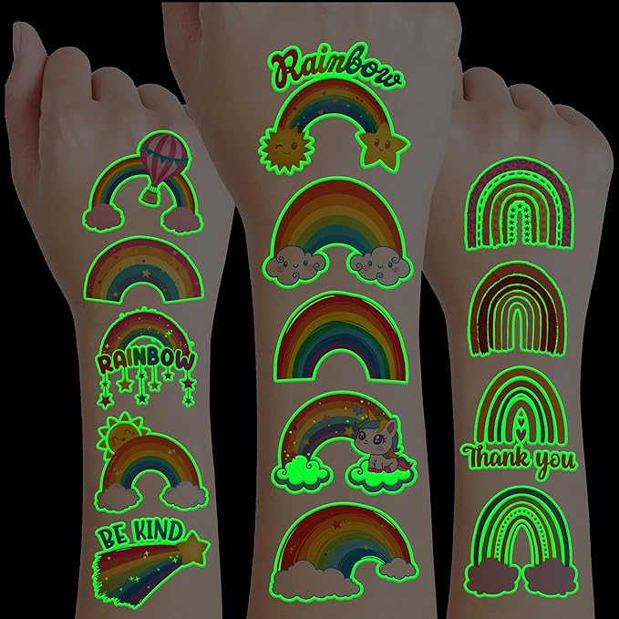 96 PCS Rainbow Pastel Rainbow Pre-Cut Luminous Glow in the dark Temporary Tattoos for Kids | Super Cute Themed Birthday Party Favors Supplies Decorations, Fake Tattoo Stickers Gifts for Boys Girls