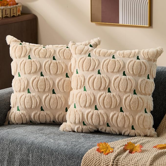 DFXSZ Fall Pillow Covers 18x18 2Pcs Beige Green Pumpkin Fall Decorations | Fall decor Set of 2 Throw Pillow Cases Soft Plush Faux Fur Wool Couch Cushion for Chair Sofa Bedroom Living Room Home Decor
