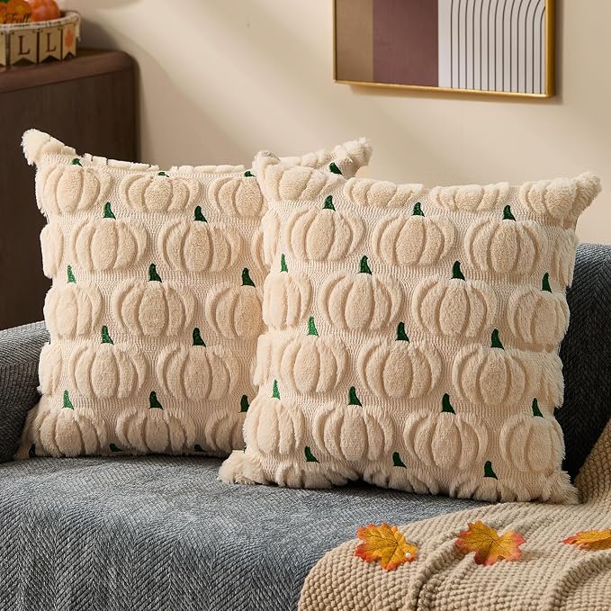 DFXSZ Fall Pillow Covers 20x20 2Pcs Beige Green Pumpkin Fall Decorations | Fall decor Set of 2 Throw Pillow Cases Soft Plush Faux Fur Wool Couch Cushion for Chair Sofa Bedroom Living Room Home Decor