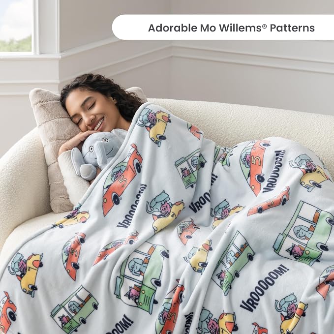 Berkshire Mo Willems® VelvetLoft® Throw Blanket - Super Soft Plush Elephant & Piggie Character Design - Cozy Home Decor, Elephant_Piggie Vroom Vroom, 50 in x 70 in(Official Mo Willems® Product)