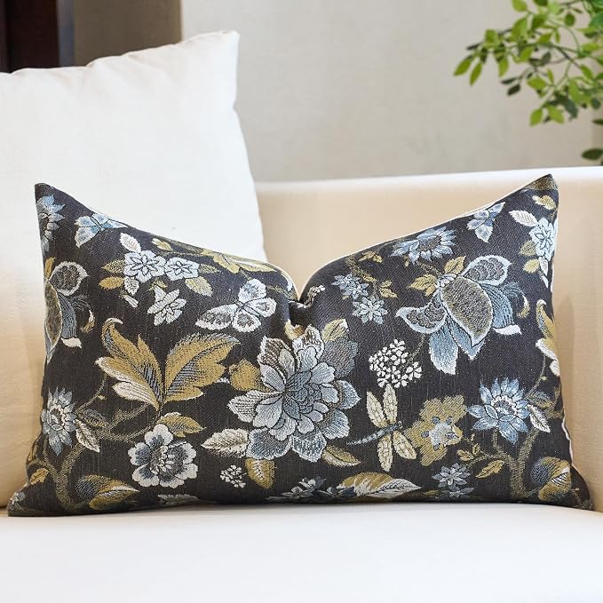 Neutral Floral Pillow Cover 12x20, Vintage Linen Lumbar Pillow Cover Soft Decorative Farmhouse Accent Pillow Case for Couch Bedroom Living Room Home Decor, Black