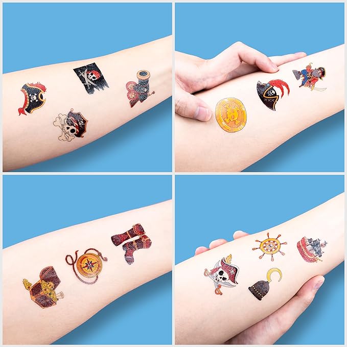 96PCS Pirate Ship Nautical Pre-Cut Temporary Tattoos for Kids | Super Cute Theme Birthday Party Favors, Supplies, Decorations, Mermaid Treasure Fake Tattoo Stickers (Multiple)