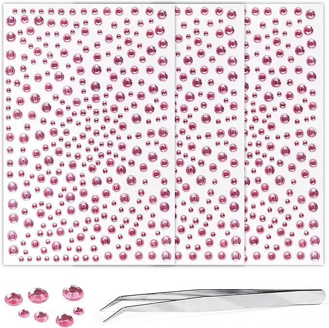 Rhinestone Stickers for Crafts Clear Crystal Tweezers Decals Face Gems Pearls for Makeup Stick on Body 3/4/5/6MM Hair Nails Craft DIY Gems for Nails Makeup Decor Pink 975PCS
