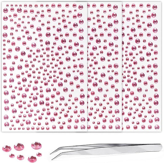 Rhinestone Stickers for Crafts Clear Crystal Tweezers Decals Face Gems Pearls for Makeup Stick on Body 3/4/5/6MM Hair Nails Craft DIY Gems for Nails Makeup Decor Pink 975PCS