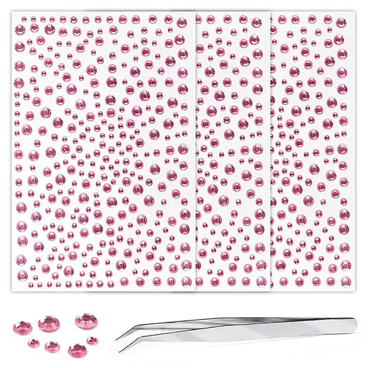 975Pcs Face Gems Hair Gems, Self-Adhesive Face Jewels Eye Jewels Rhinestones 3/4/5/6 mm DIY Face Gems Stick on, Hair Body Rhinestones Gems Crystals Pearls for Face Makeup, Crafts (gem_Pink)