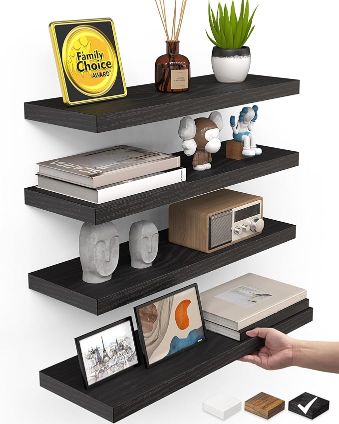 BAYKA Black Floating Shelves 15.7in, Set of 4, Wall Mount Rustic Wood Shelf | Easy Install, 22lbs Max Load, Hidden Bracket, Hanging Shelf for Books/Storage/Room Decor, Multi-Wall Compatible