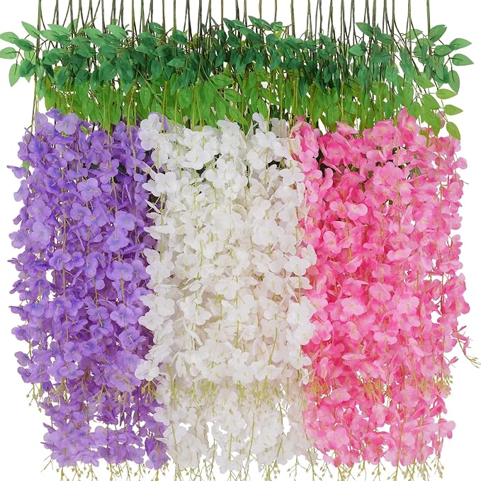 24 Pack Wisteria Hanging Flowers, 3.6 Feet Wisteria Artificial Flowers, Wisteria Garland, Hanging Flowers for Wedding Decoration, Vines for Bedroom Home Wall Decor (White & Pink & Purple)