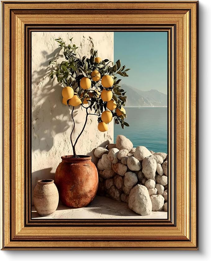 Gold Framed Wall Art, Vintage Mediterranean Lemon Tree Canvas Prints, Coastal Summer Picture Wall Decor, Rustic Italian Landscape Artwork for Kitchen, Living Room, Dining Room 12x16 inch