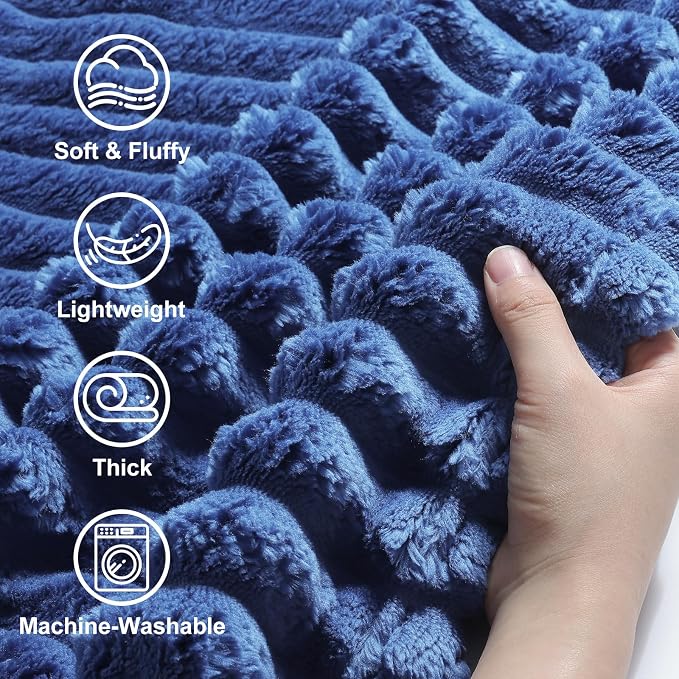 decorUhome Navy Blue Fleece Throw Blanket 50x60 Inches | Soft Couch Cozy Fluffy Plush Flannel Striped Blanket for Sofa Bed, Lightweight Decorative Ribbed Fuzzy Blanket for Woman